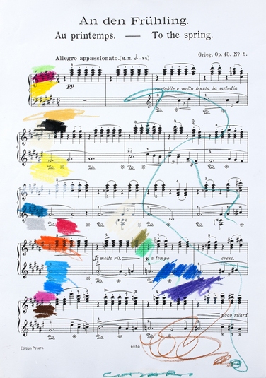 Opera di Giuseppe Chiari, An den Frhling, senza data, tecnica mista su spartito musicale, cm 100x72