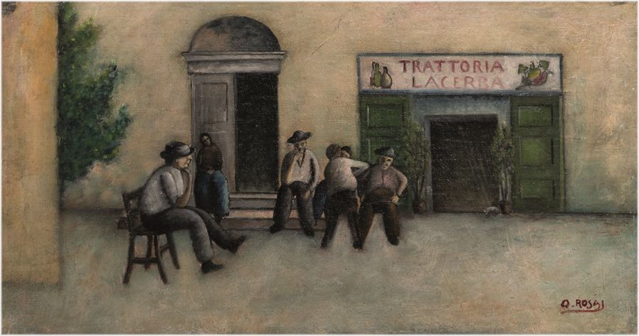 Ottone Rosai: Trattoria Lacerba (1921) Olio su tela applicata su tavola, cm 20,3x39
