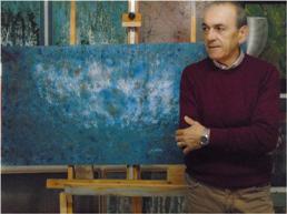 Leonardo Basile e il suo La vie en bleu, dipinto su faesite dalle dimensioni di cm 60 x 120