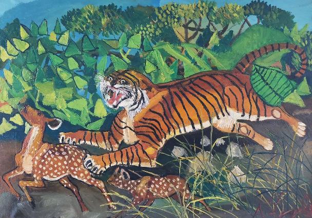 Antonio Ligabue: Tigre olio su faesite, cm 50x70