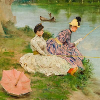 Dipinto di Fabio Fabbi, Pescatrici sull’Arno alla Casaccia di Bellariva, 1887